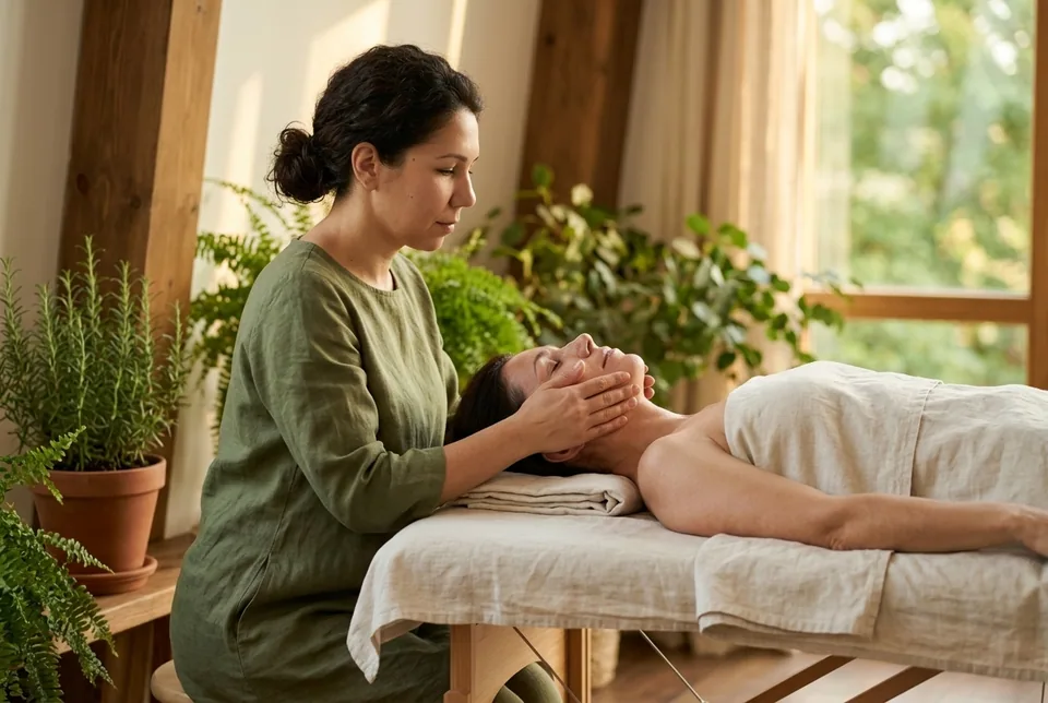 Illustration: a therapist in a linen tunic performing a facial massage on a woman lying on a treatment table in a warm, homely room