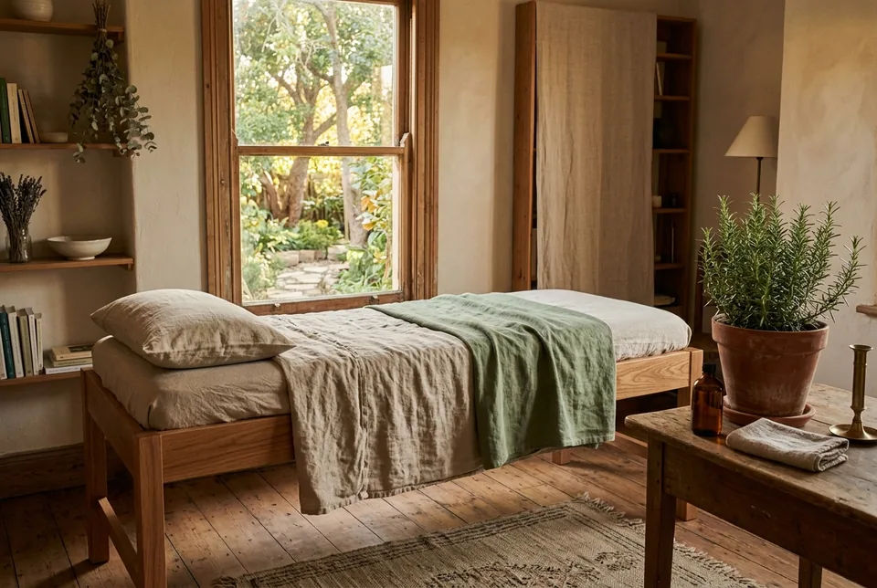 Illustration: a prepared treatment table with a soft linen cover by the window