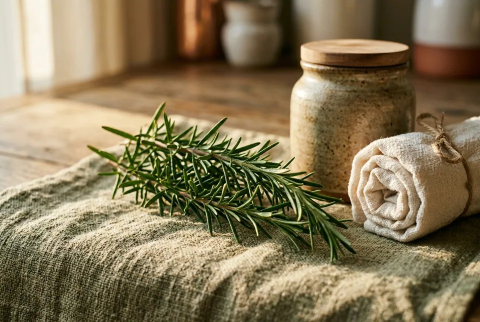Illustration: rosemary sprigs, linen fabric, and a jar without labels